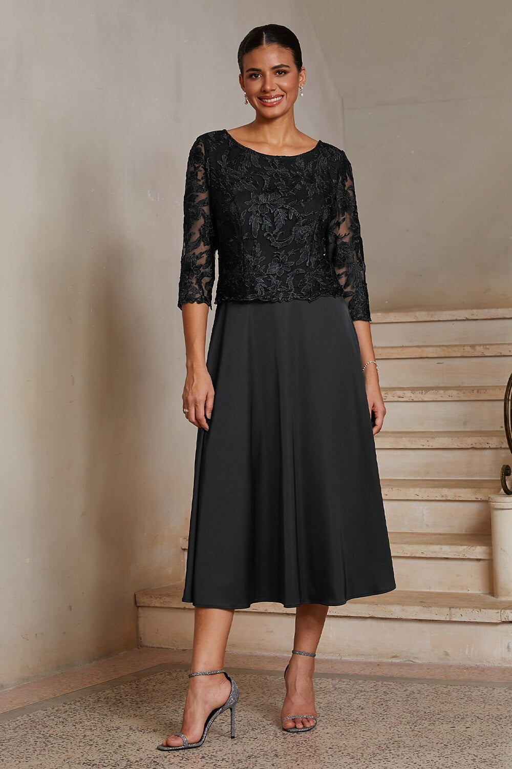 Black Lace-Inset Satin Midi Dress