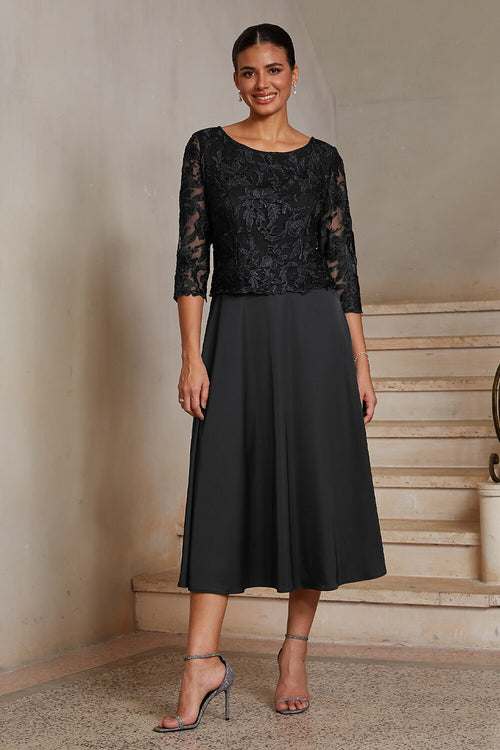 Black Lace-Inset Satin Midi Dress