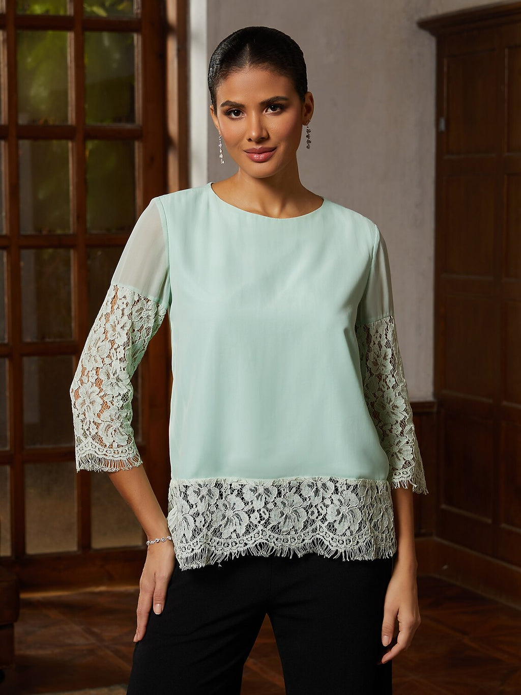 Sage Lace-Trim Chiffon Blouse