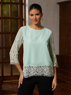 Sage Lace-Trim Chiffon Blouse
