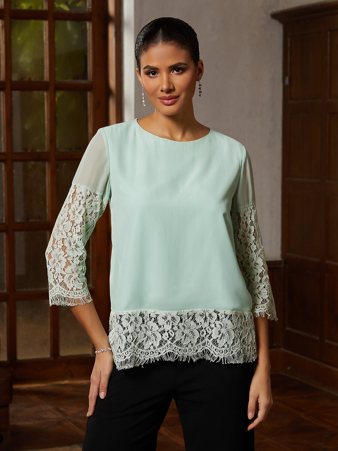 Sage Lace-Trim Chiffon Blouse