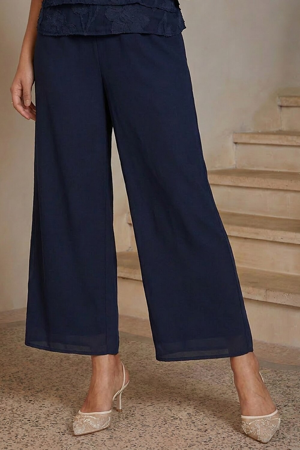 Navy Chiffon Straight-Leg Trousers