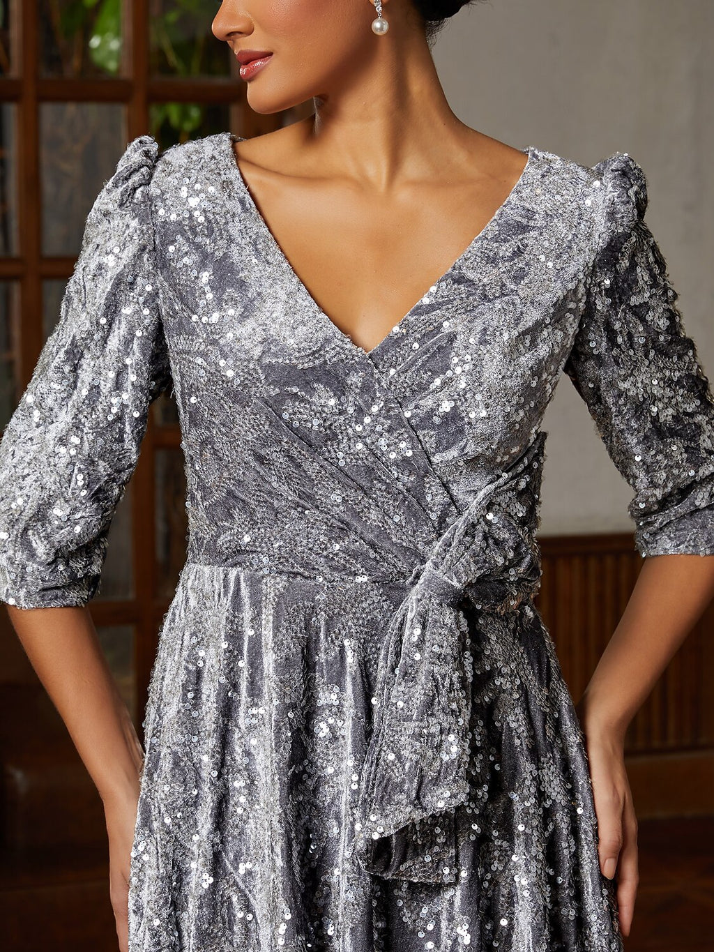 Grey Velvet V-Neck Midi Dress