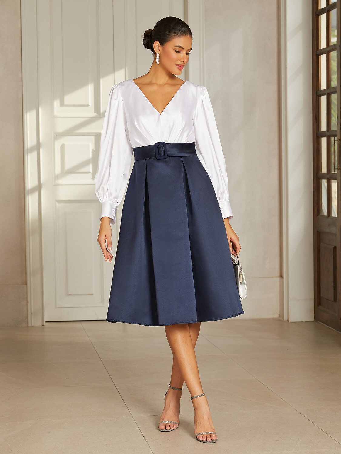 Navy Satin V-Neck Midi Dress