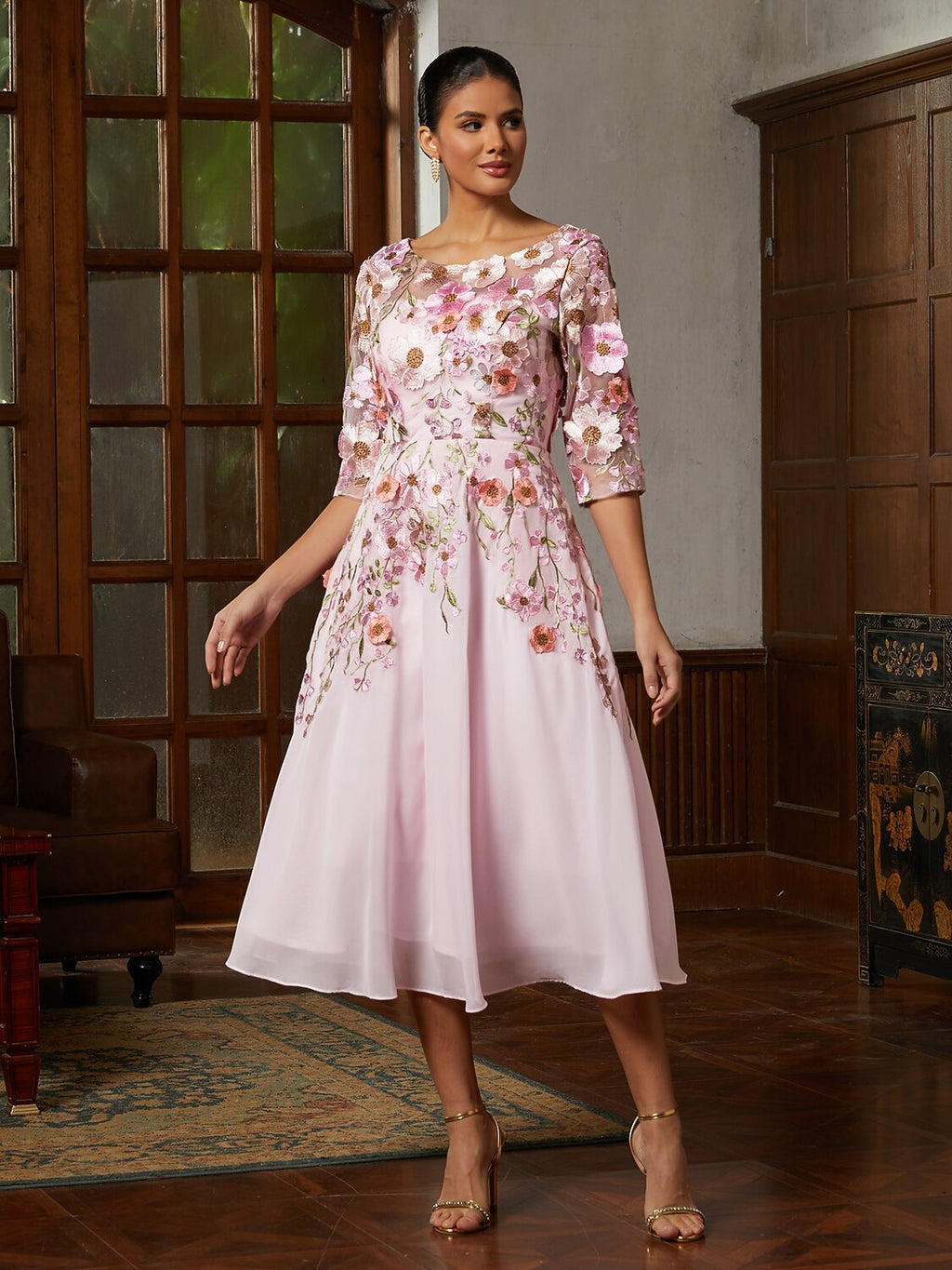Pink Floral Appliqué Tulle Dress
