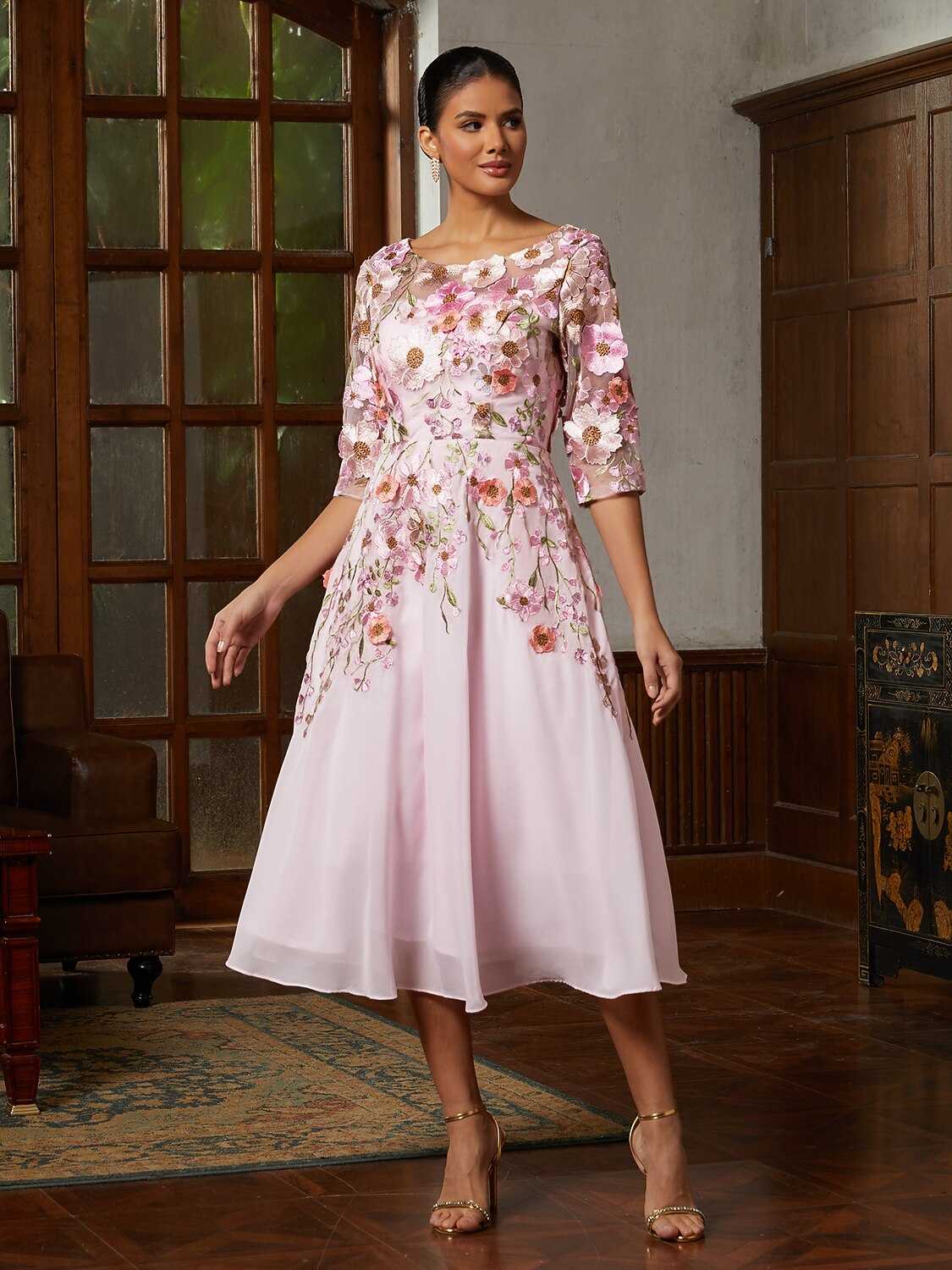 Pink Floral Appliqué Tulle Dress