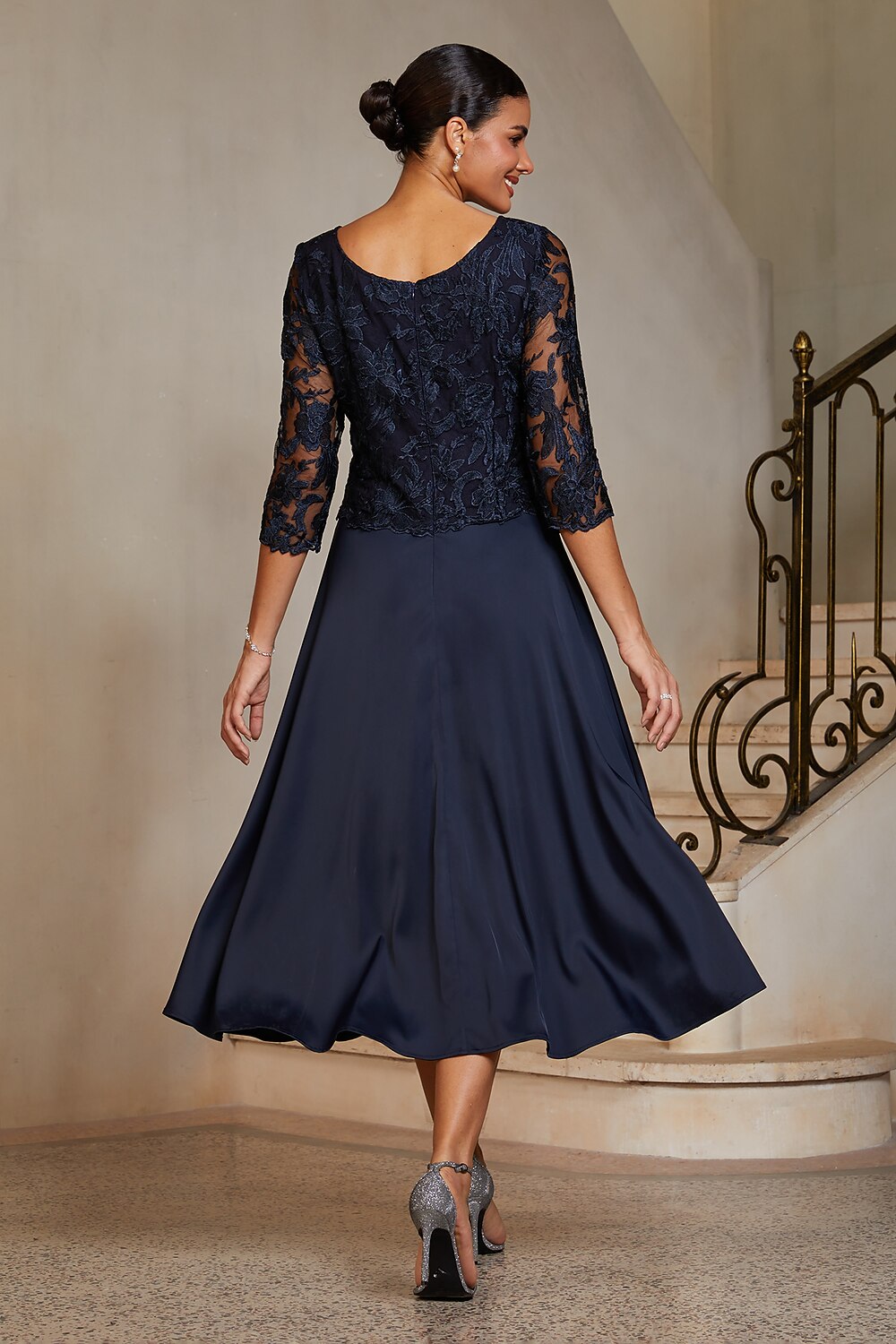 Navy Lace-Inset Satin Midi Dress