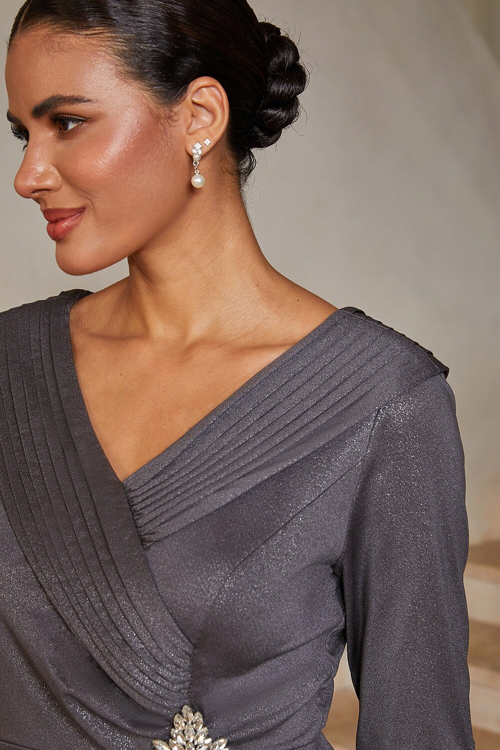 Portrait-Collar Draped Midi Dress