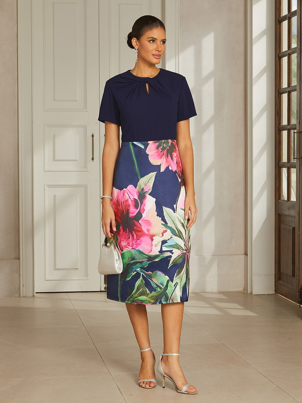 Navy Satin Column Midi Dress