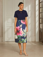 Navy Satin Column Midi Dress
