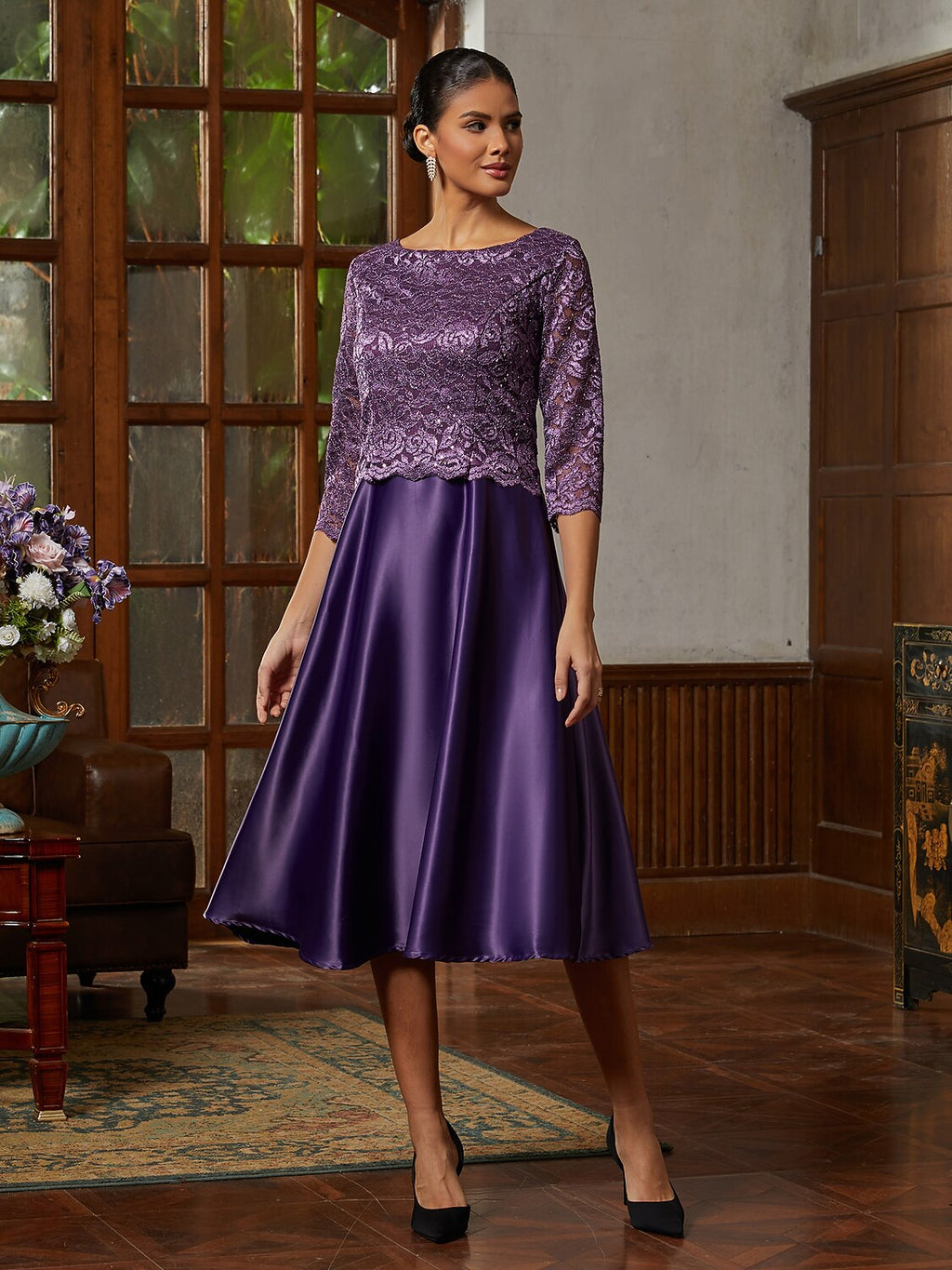 Purple Lace A-Line Midi Dress