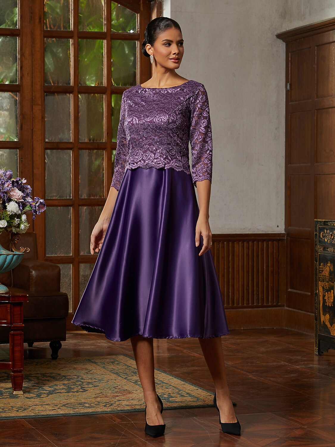 Purple Lace A-Line Midi Dress