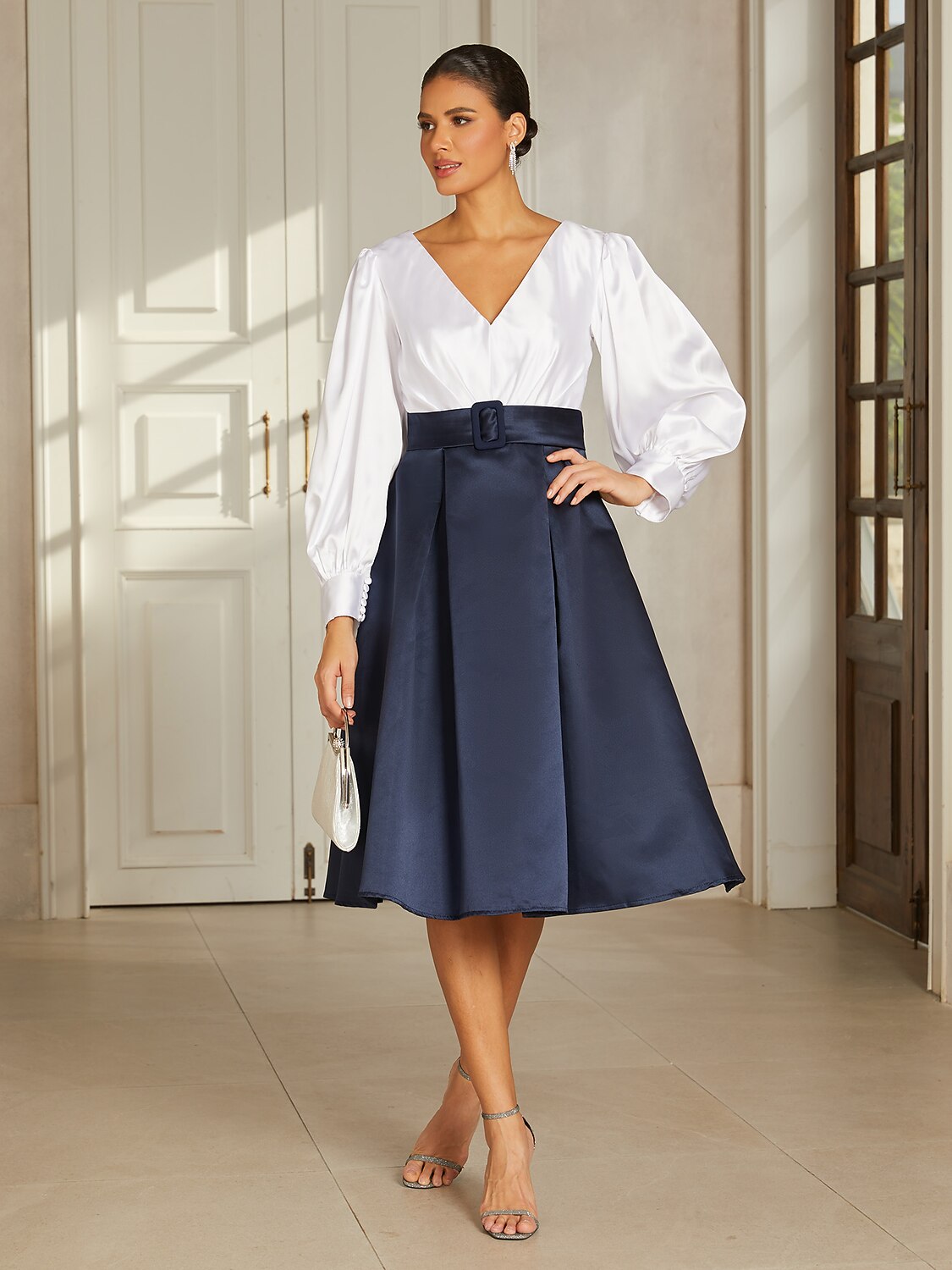Navy Satin V-Neck Midi Dress