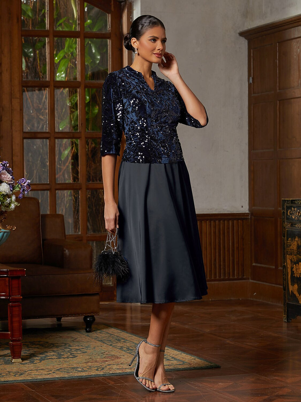 Navy Sequin Velvet Midi Dress
