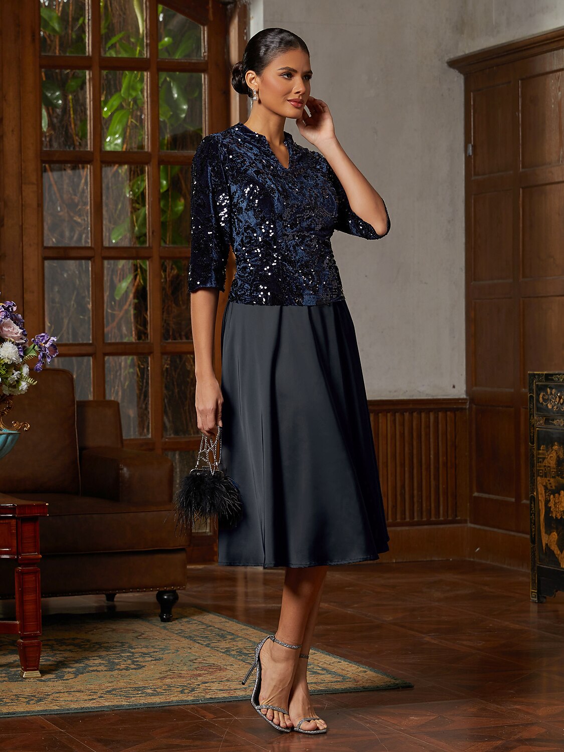 Navy Sequin Velvet Midi Dress