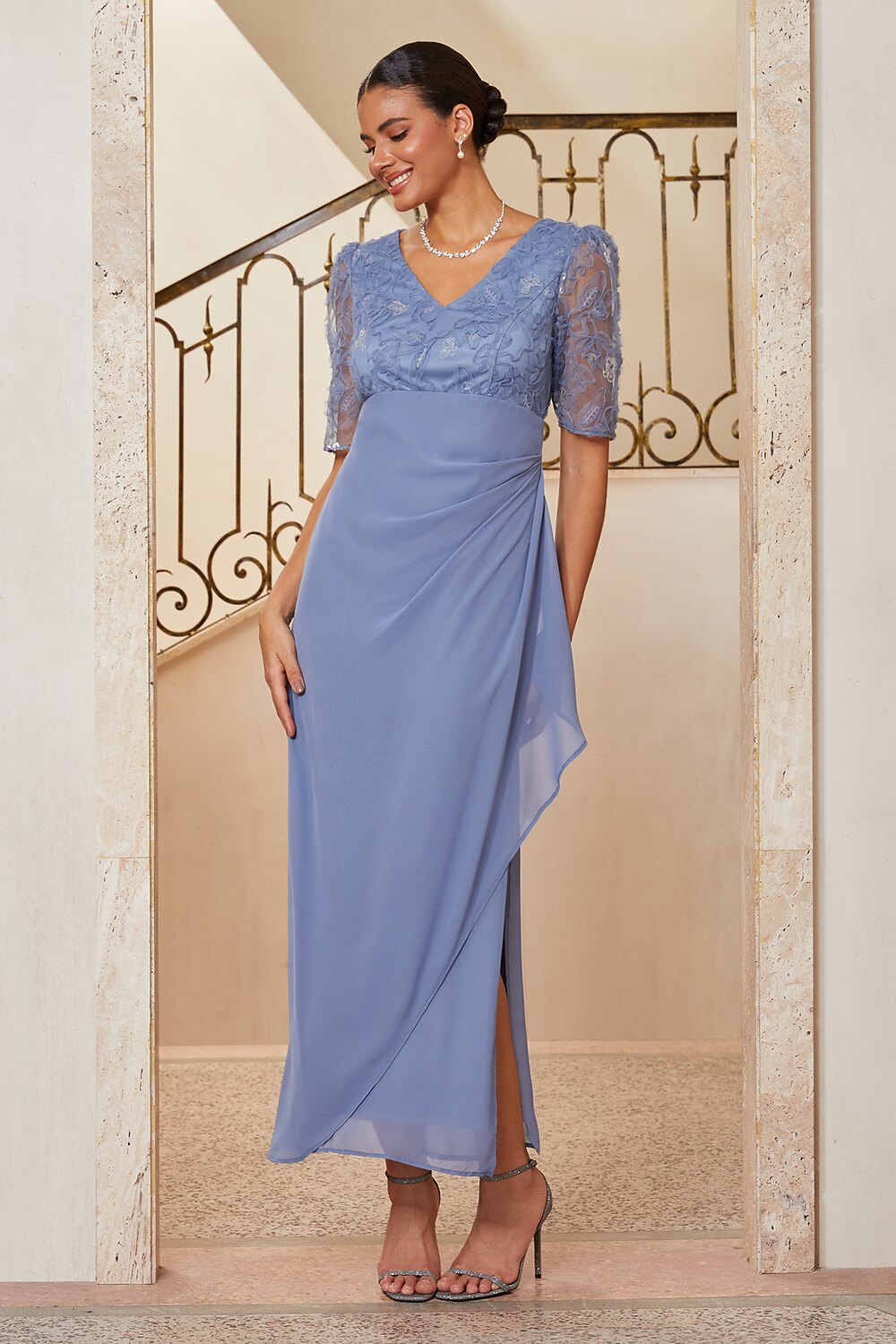 Floral Appliqué Chiffon Slit Gown