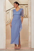 Floral Appliqué Chiffon Slit Gown