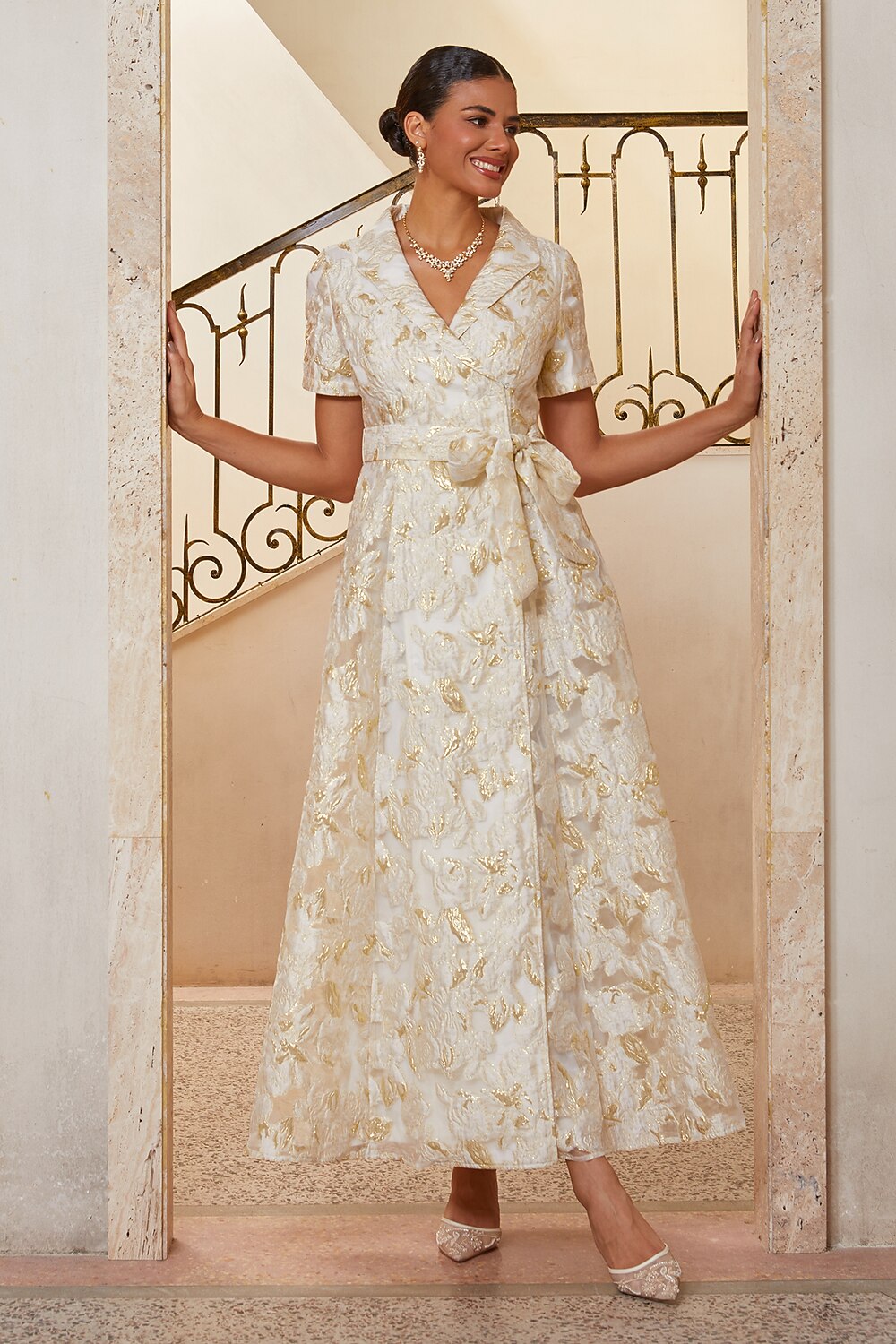 Floral Jacquard Belted Gown