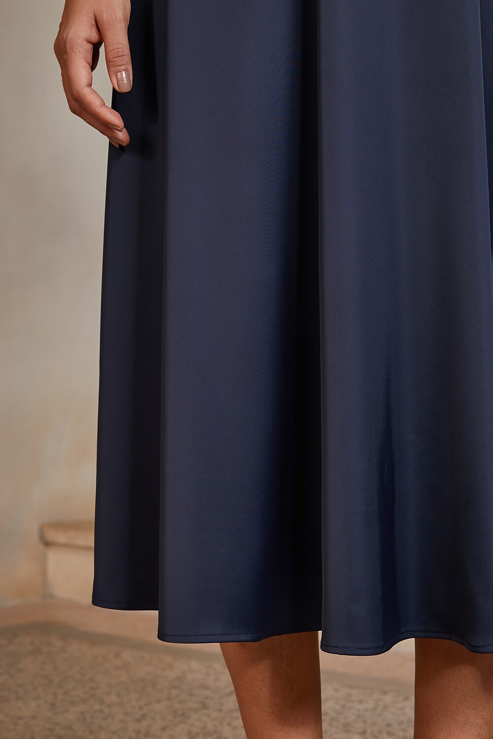 Navy Lace-Inset Satin Midi Dress