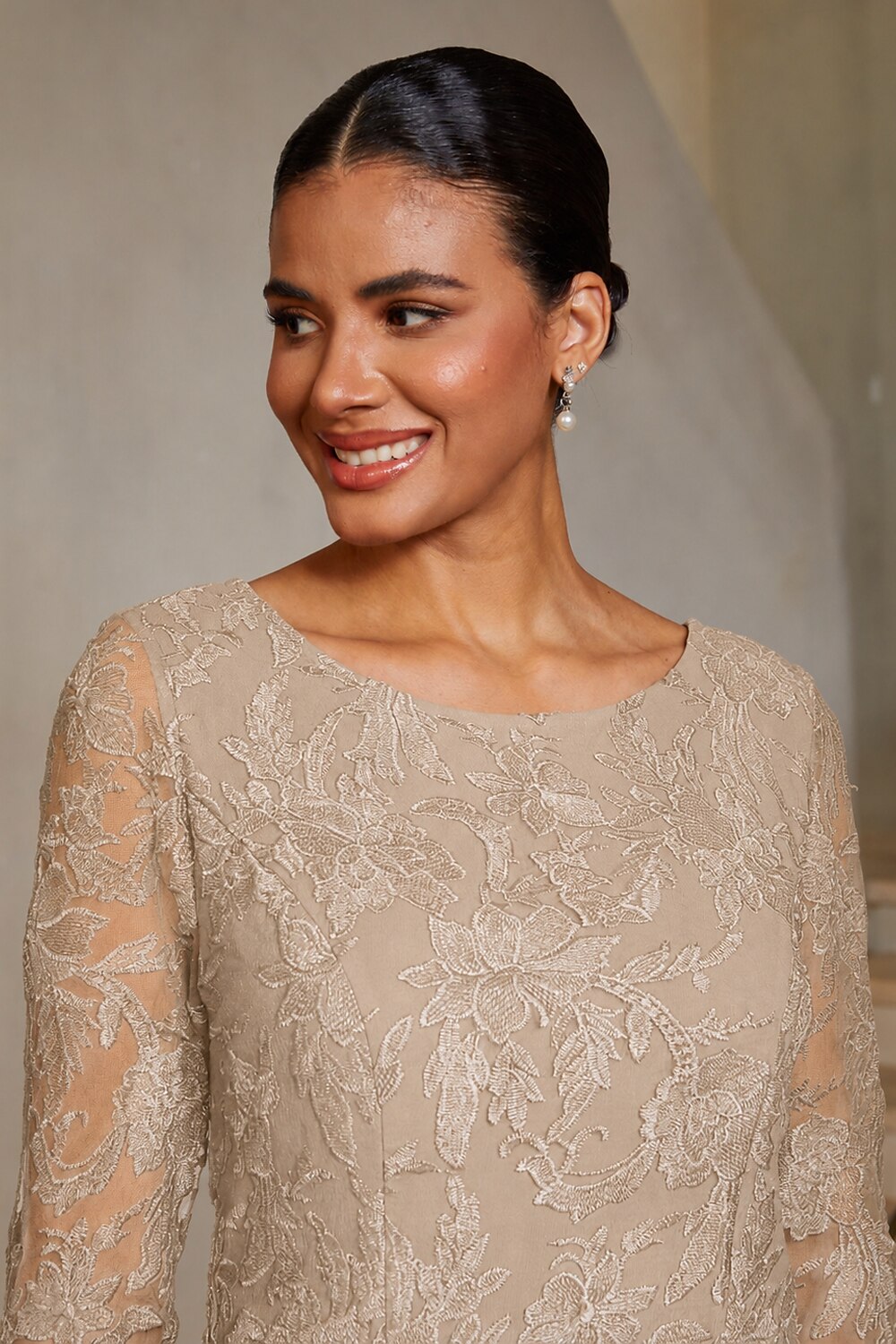 Champagne Lace Embroidered Midi Dress