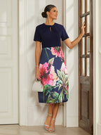 Navy Satin Column Midi Dress