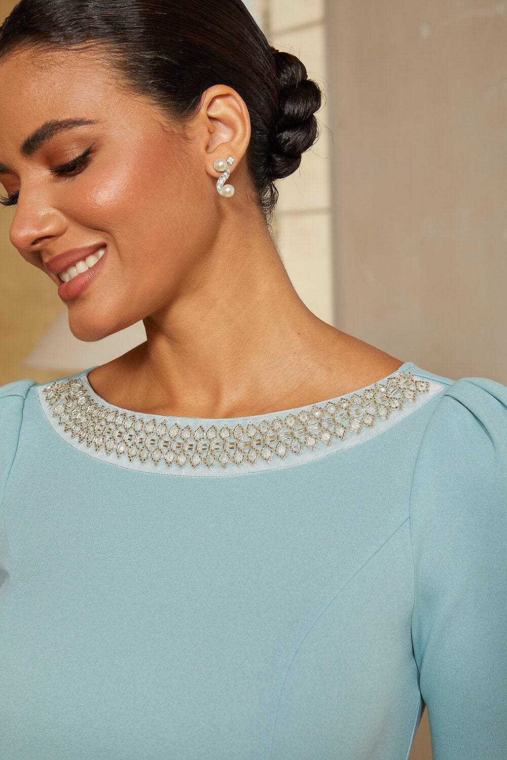 Rhinestone Boat-Neck Slit Gown