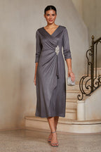 Portrait-Collar Draped Midi Dress