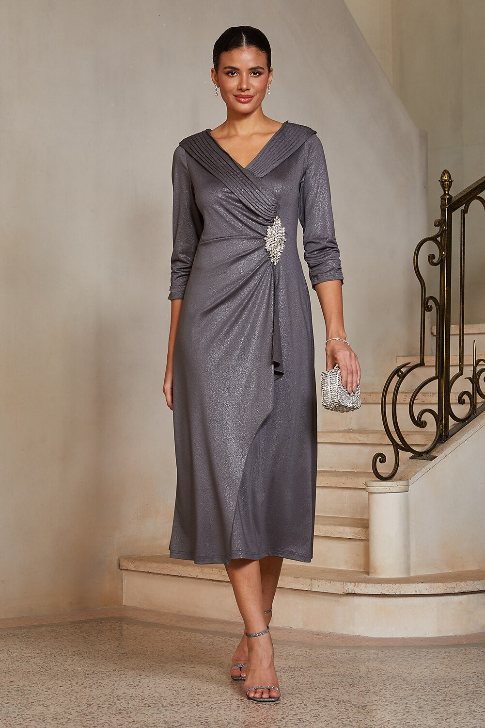 Portrait-Collar Draped Midi Dress