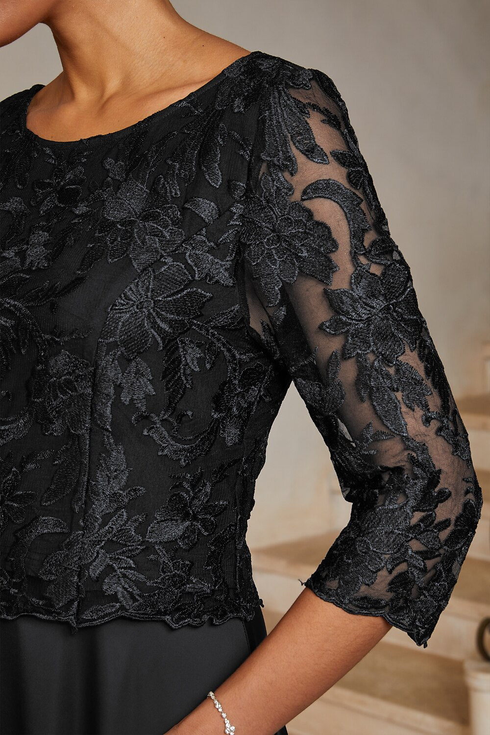 Black Lace-Inset Satin Midi Dress