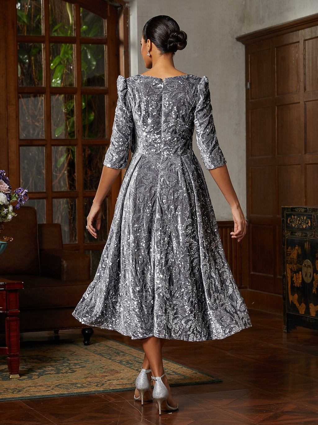 Grey Velvet V-Neck Midi Dress