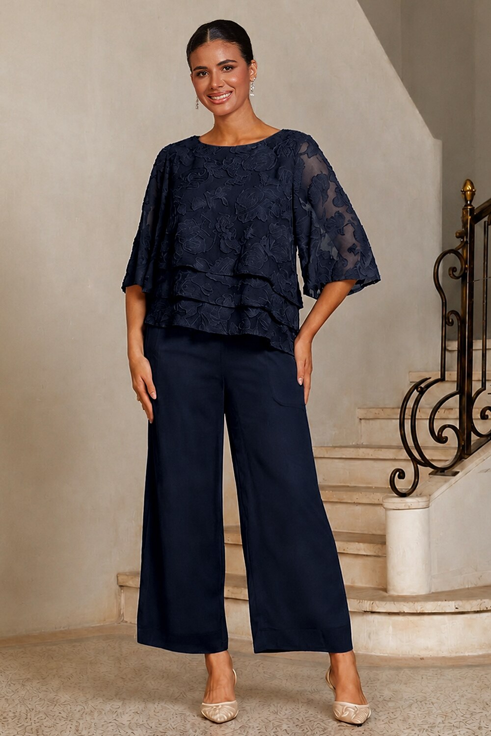 Navy Chiffon Straight-Leg Trousers