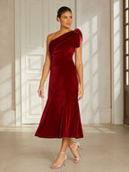 Burgundy One-Shoulder Velvet Dress