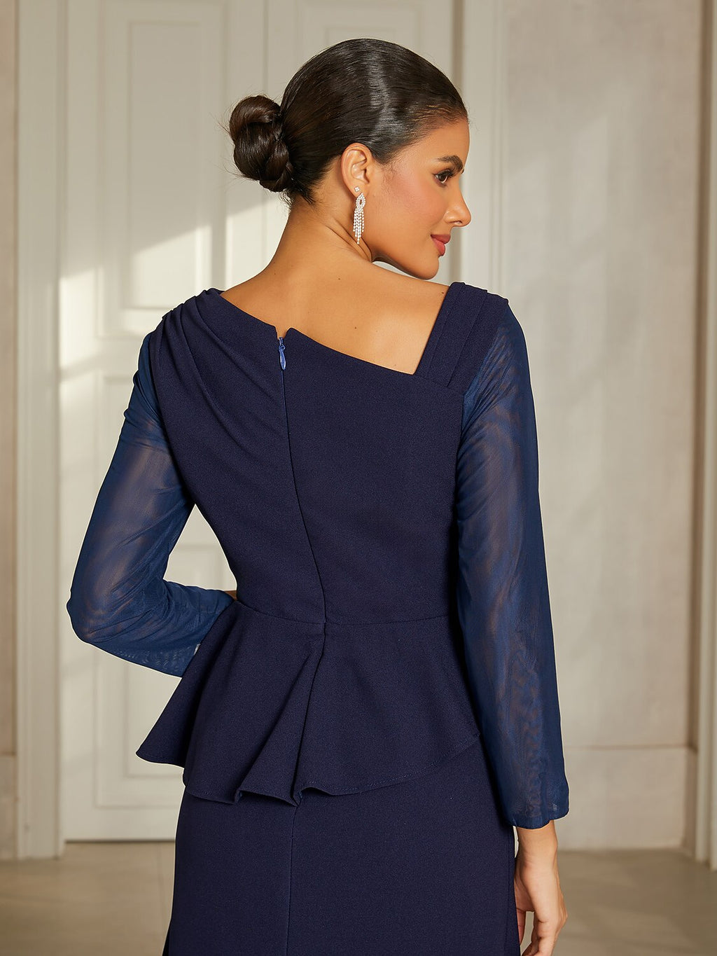 Navy Ruffle Mesh Midi Dress
