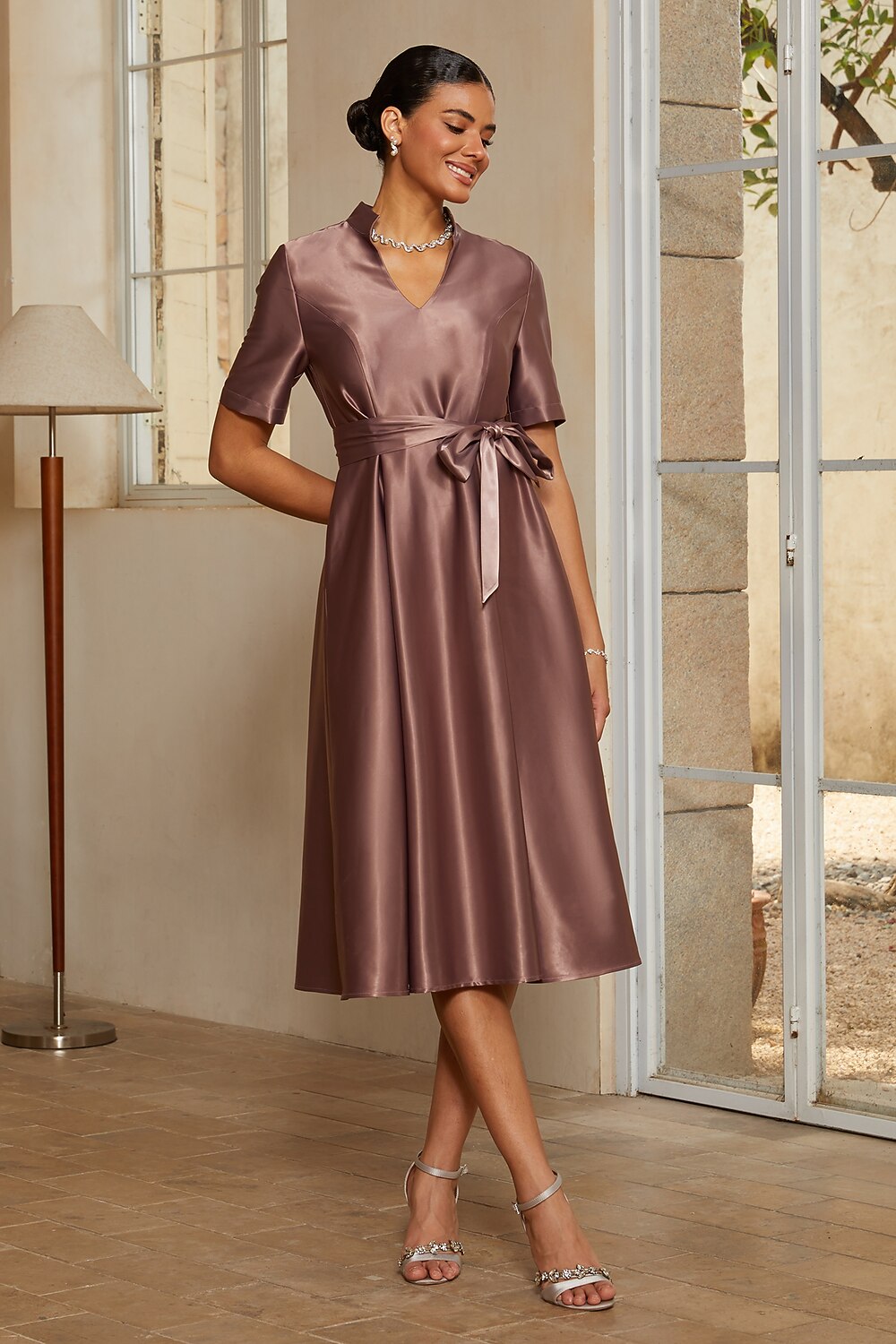 Dusk Satin Belted Midi Dress
