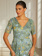 Dusty Sage Lace Applique Tea-Length Dress