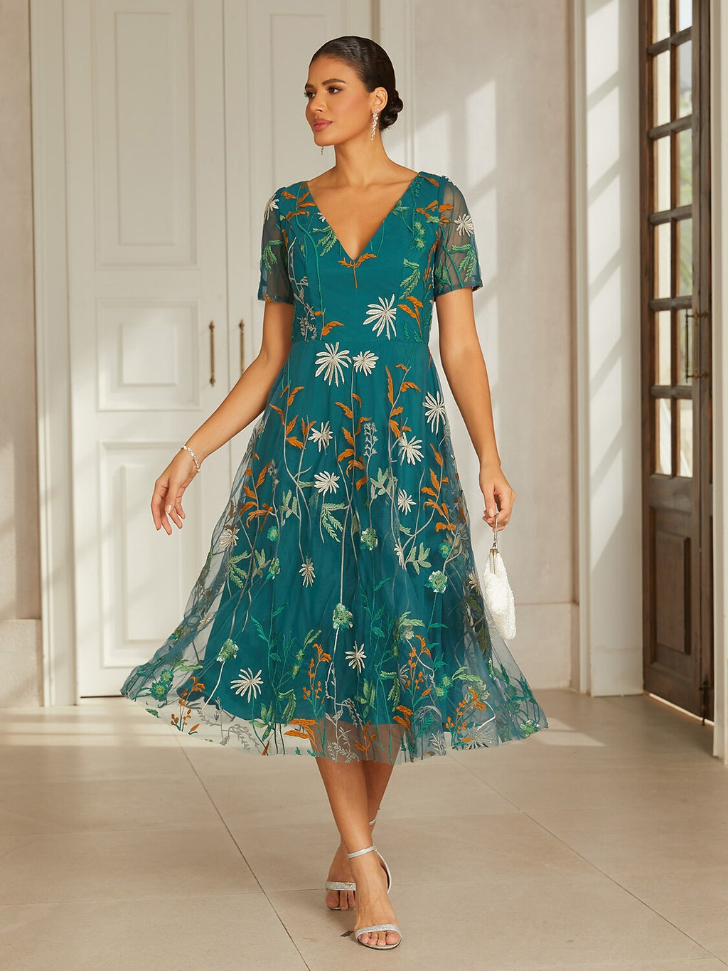 Green Black Floral Embroidered Tea-Length Dress