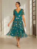 Green Black Floral Embroidered Tea-Length Dress
