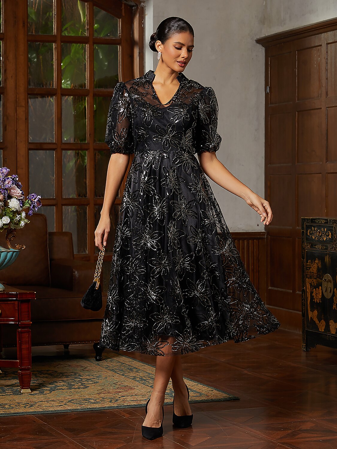 Black Tulle Illusion-Sleeve Midi Dress