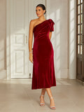 Burgundy One-Shoulder Velvet Dress