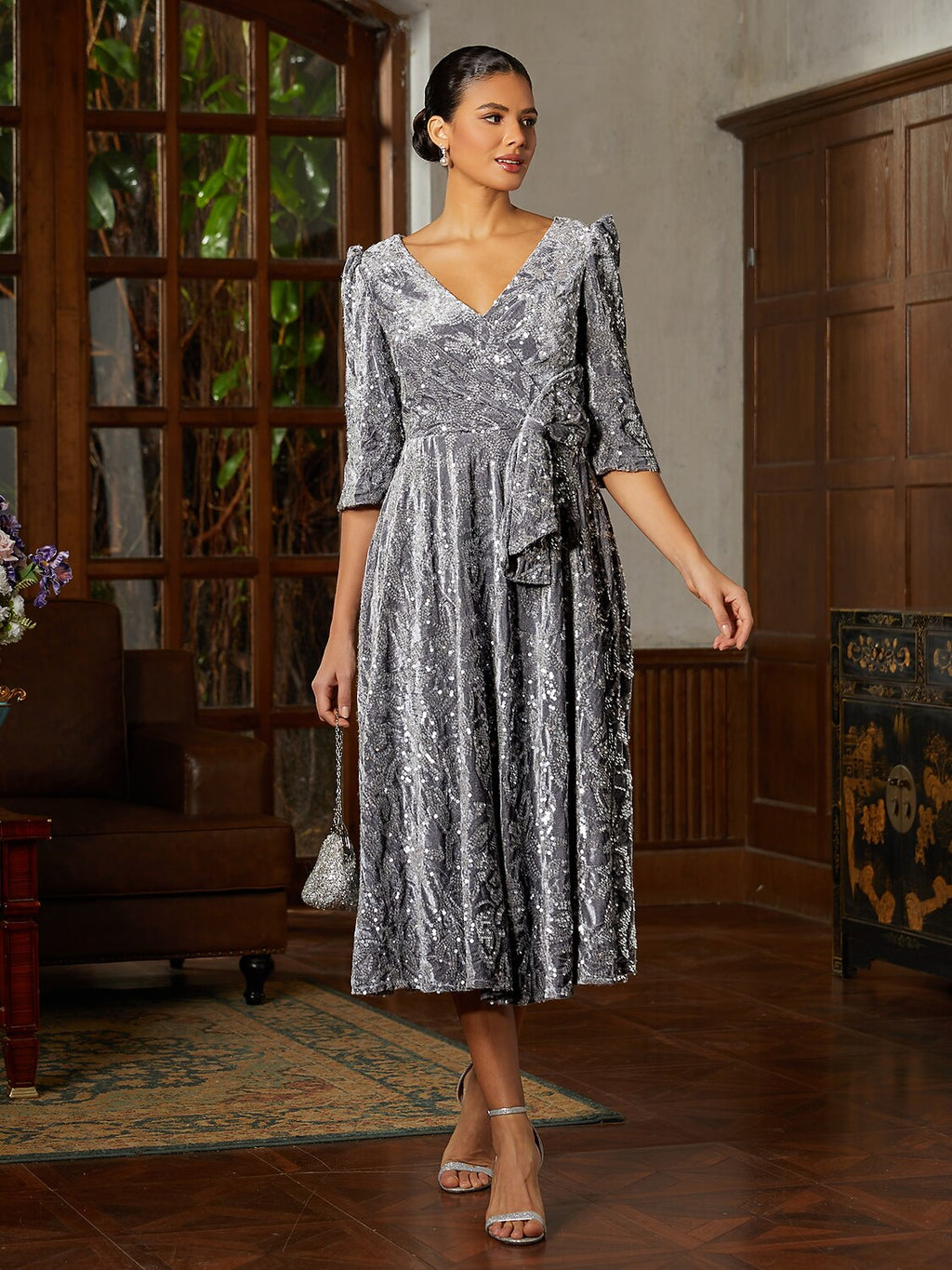 Grey Velvet V-Neck Midi Dress