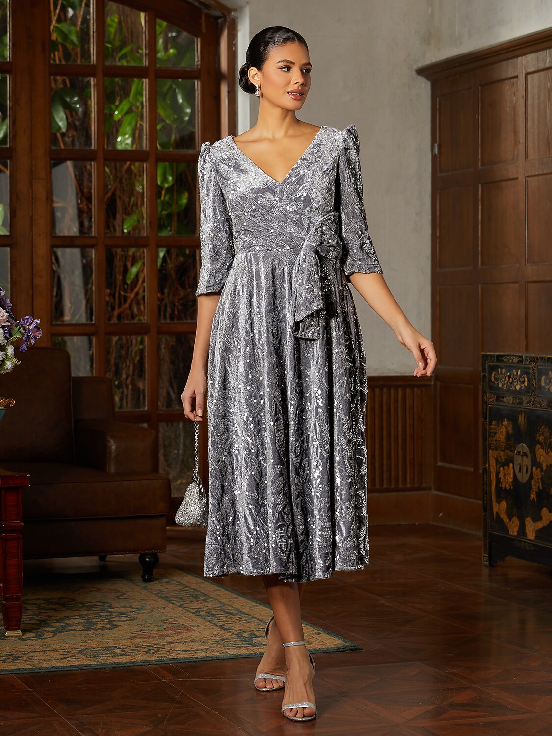 Grey Velvet V-Neck Midi Dress