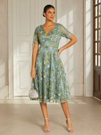 Dusty Sage Lace Applique Tea-Length Dress