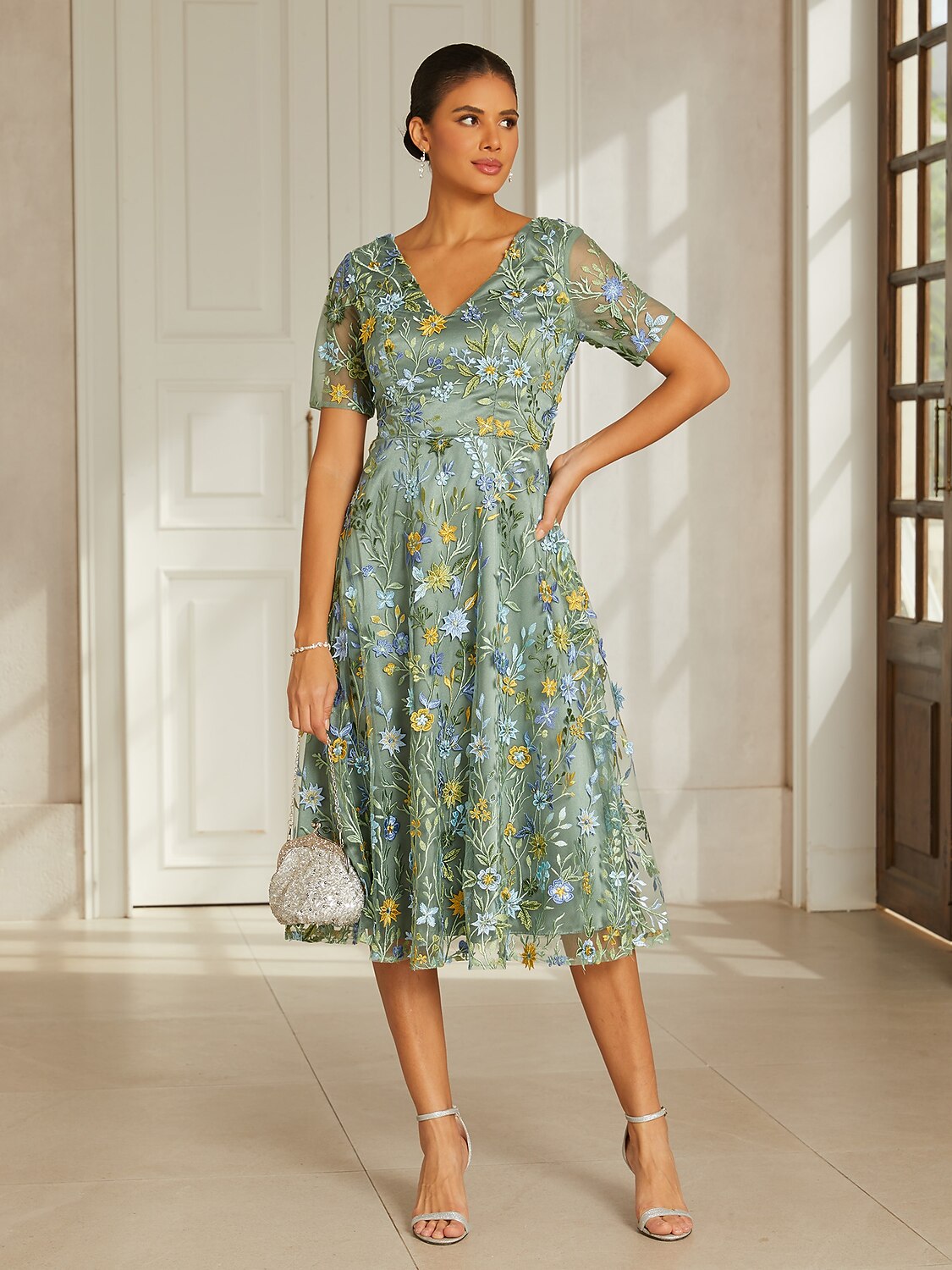 Dusty Sage Lace Applique Tea-Length Dress