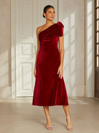 Burgundy One-Shoulder Velvet Dress