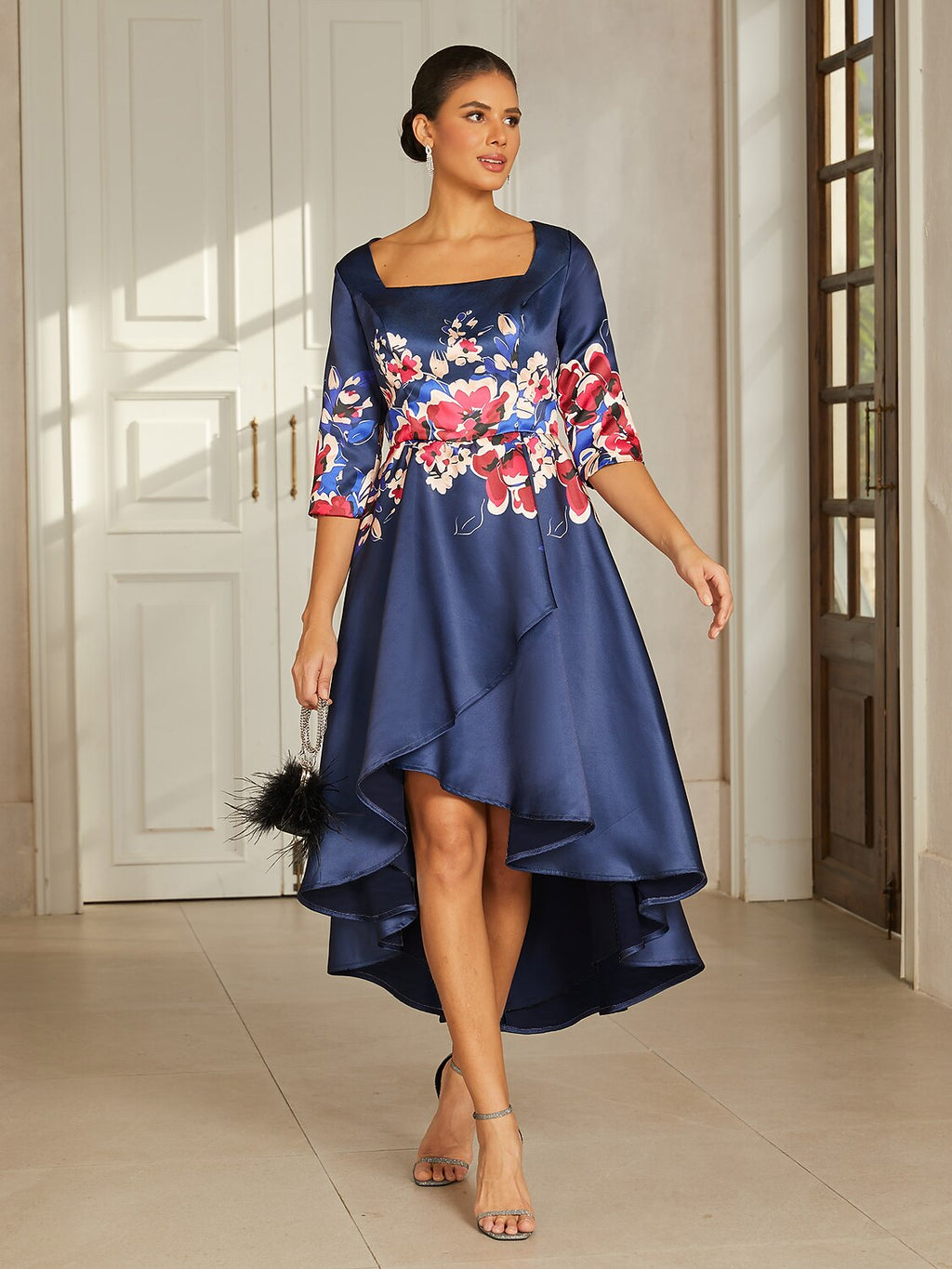Slate Blue Floral Satin High-Low Dress
