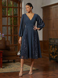 Navy Chiffon Illusion-Sleeve Midi Dress
