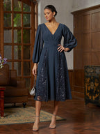 Navy Chiffon Illusion-Sleeve Midi Dress