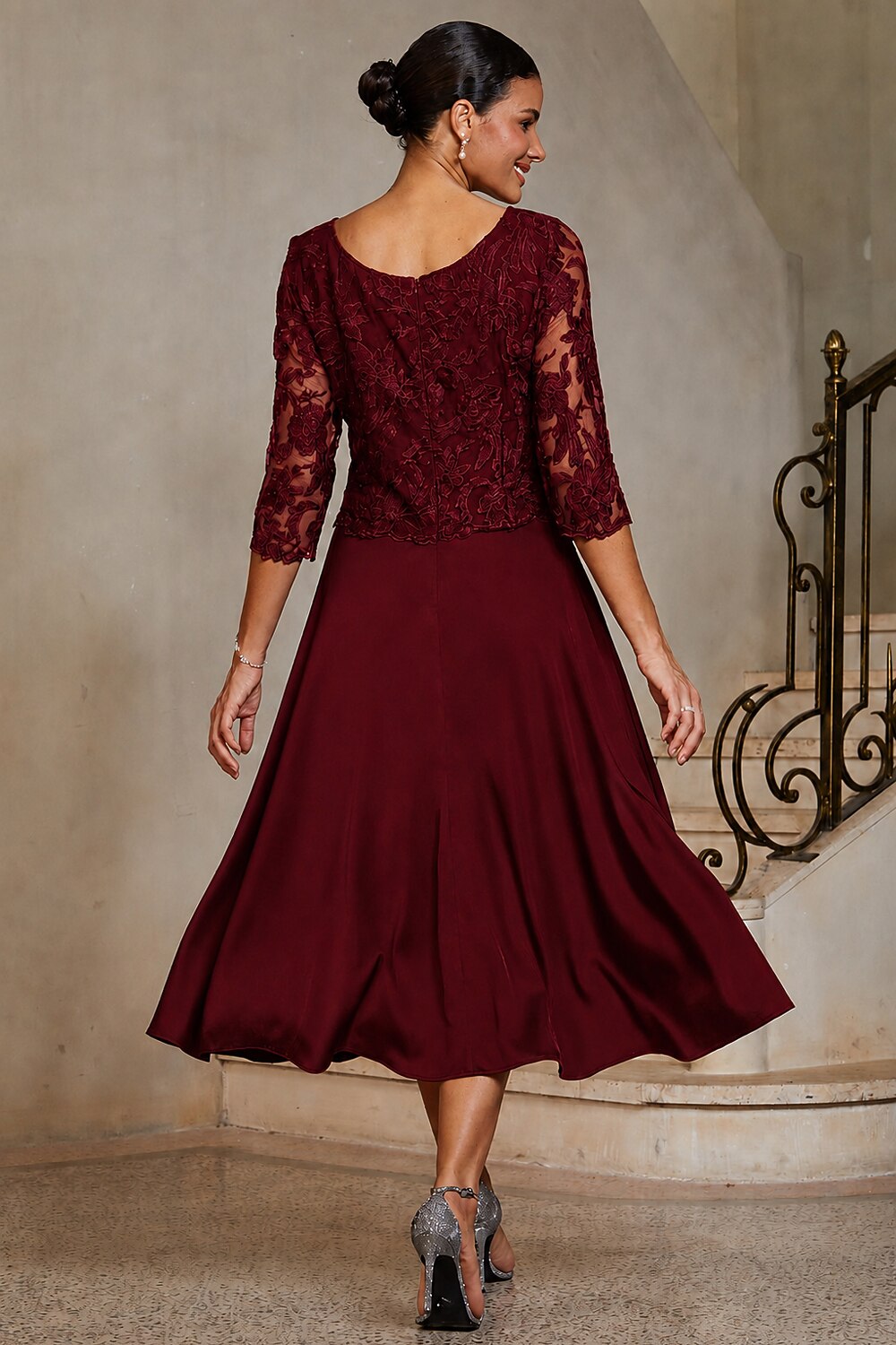 Burgundy Lace-Inset Satin Midi Dress