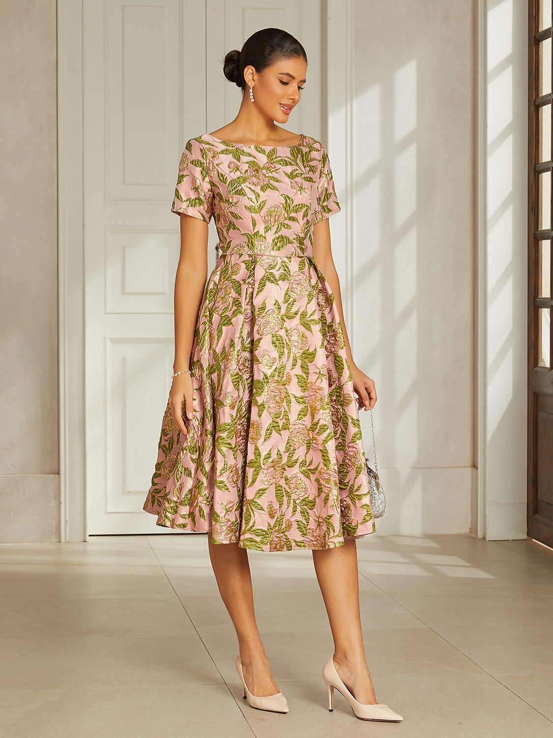 Pink Floral Jacquard Pleated Midi Dress