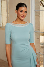 Rhinestone Boat-Neck Slit Gown